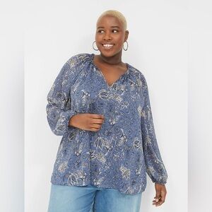 Lane Bryant Blue Metallic Paisley Ruffle Detail V-Neck Lightweight Blouse Top